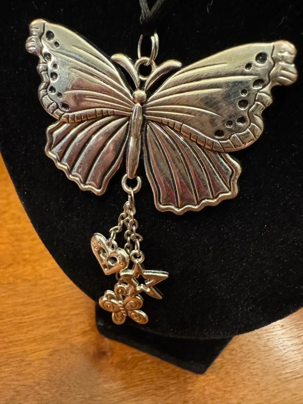 Double-Sided Butterfly Pendant Necklace with Charm Drops - Silver Tone
